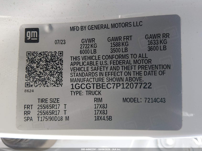 VIN 1GCGTBEC7P1207722 2023 CHEVROLET COLORADO 4WD  SHORT BOX WT
