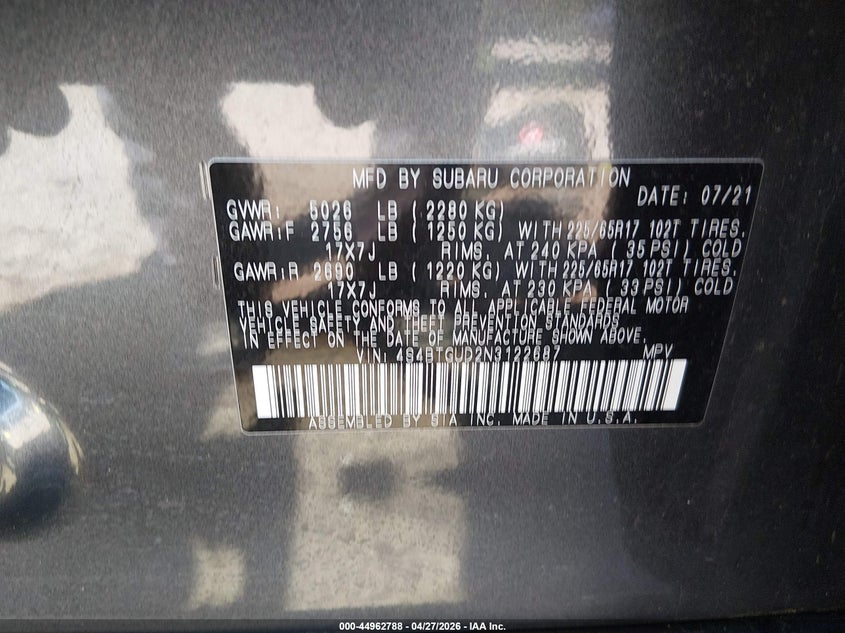 2022 Subaru Outback Wilderness VIN: 4S4BTGUD2N3122687 Lot: 44962788