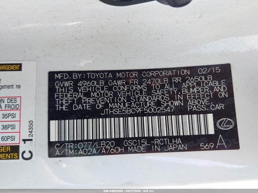 2015 Lexus Rc 350 VIN: JTHSE5BC9F5002547 Lot: 44962969