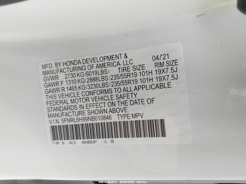 2022 Honda Odyssey Elite VIN: 5FNRL6H99NB010846 Lot: 44963017