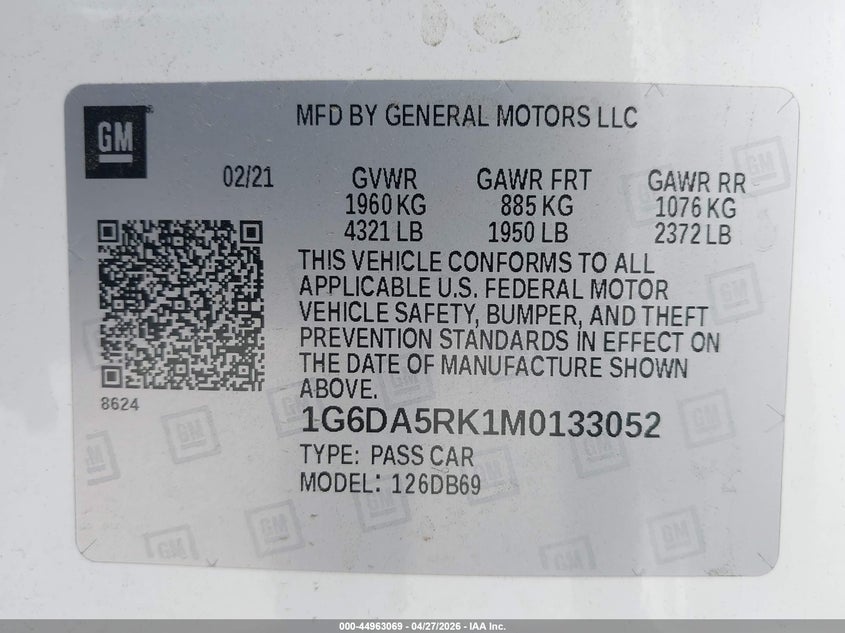 2021 Cadillac Ct4 Luxury VIN: 1G6DA5RK1M0133052 Lot: 44963069