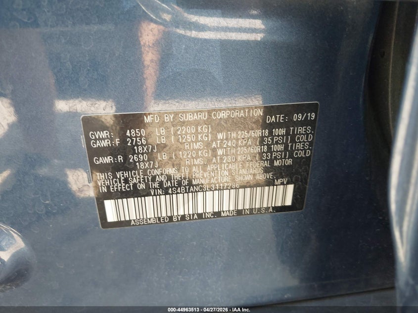 2020 SUBARU OUTBACK SPORT UTILITY VEHICLE 2.5L H-4 DI, DOHC, VVT, 182HP