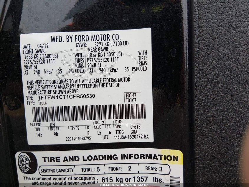 2012 Ford F-150 3.5 Platinum black Lot 111044963624 Vin 1FTFW1CT1CFB50530