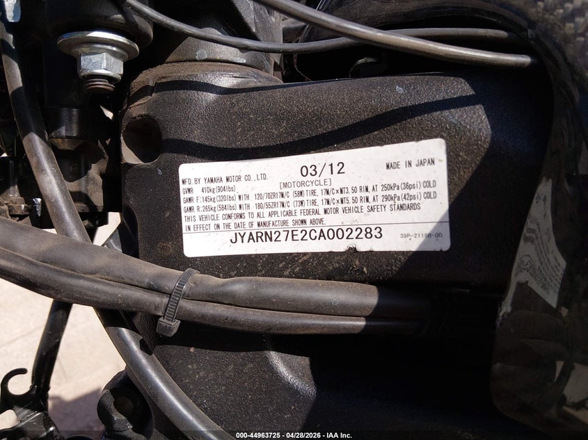 2012 Yamaha Fz8 N VIN: JYARN27E2CA002283 Lot: 44963725