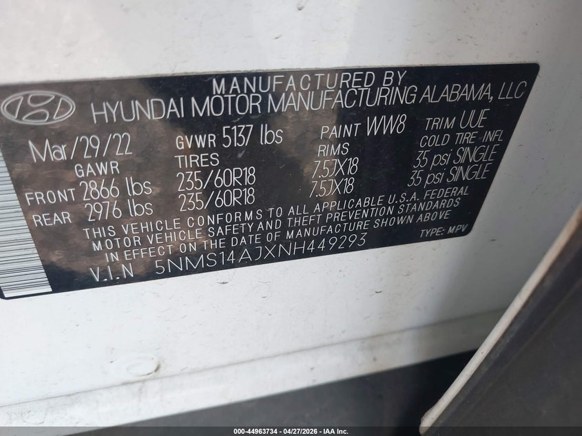 VIN 5NMS14AJXNH449293 2022 HYUNDAI SANTA FE SE