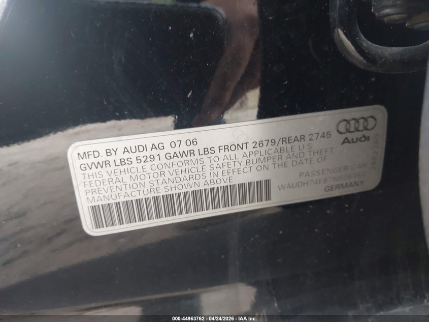 2007 Audi A6 3.2 VIN: WAUDH74F87N026454 Lot: 44963762
