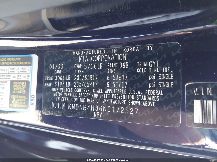 2022 Kia Carnival Mpv Lx Seat Package VIN: KNDNB4H36N6172527 Lot: 44963769