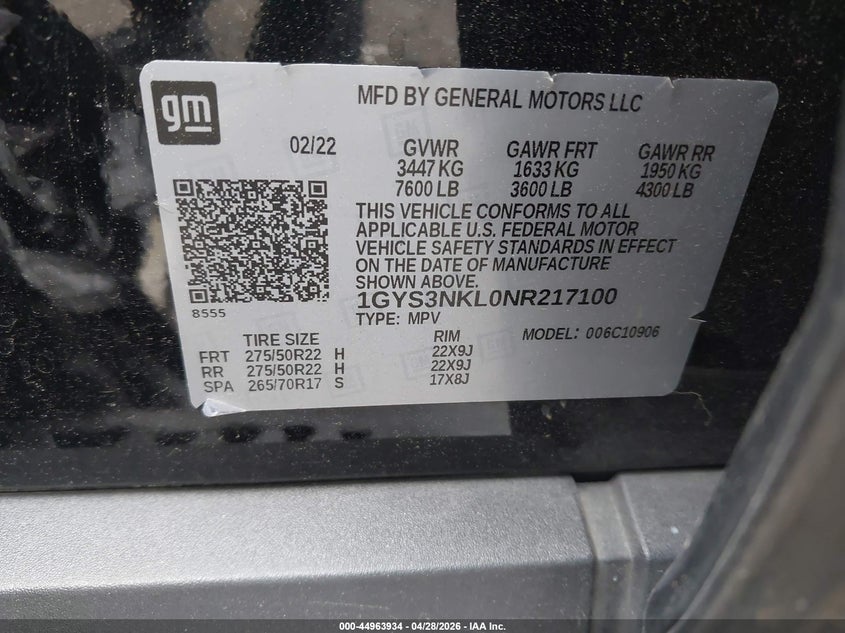 2022 Cadillac Escalade Esv 2Wd Sport VIN: 1GYS3NKL0NR217100 Lot: 44963934