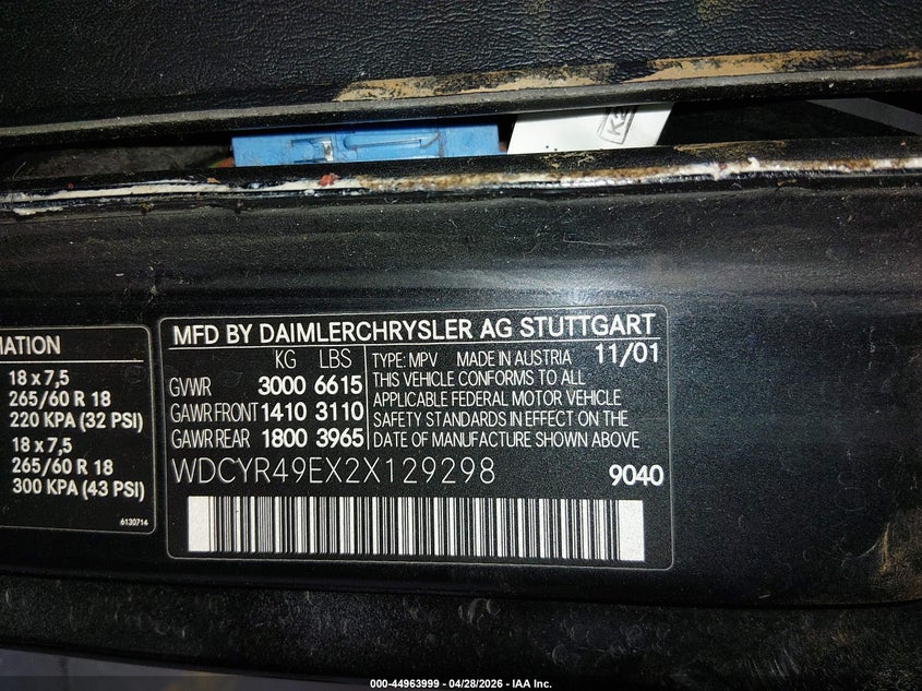 2002 Mercedes-Benz G 500 VIN: WDCYR49EX2X129298 Lot: 44963999