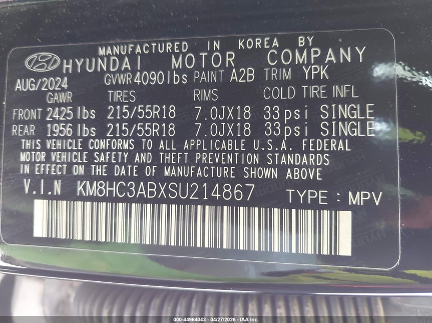 VIN KM8HC3ABXSU214867 2025 HYUNDAI KONA SEL CONVENIENCE