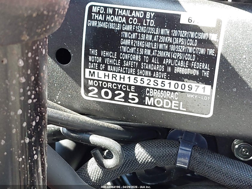 2025 Honda Cbr650 R VIN: MLHRH1552S5100971 Lot: 44964196