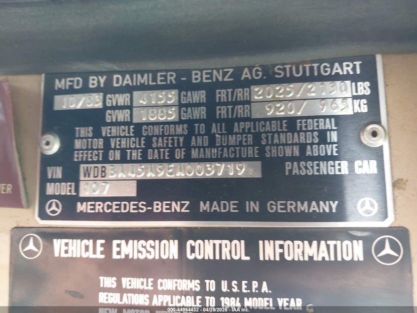 1984 Mercedes-Benz 380 Sl VIN: WDBBA45A9EA003719 Lot: 44964432