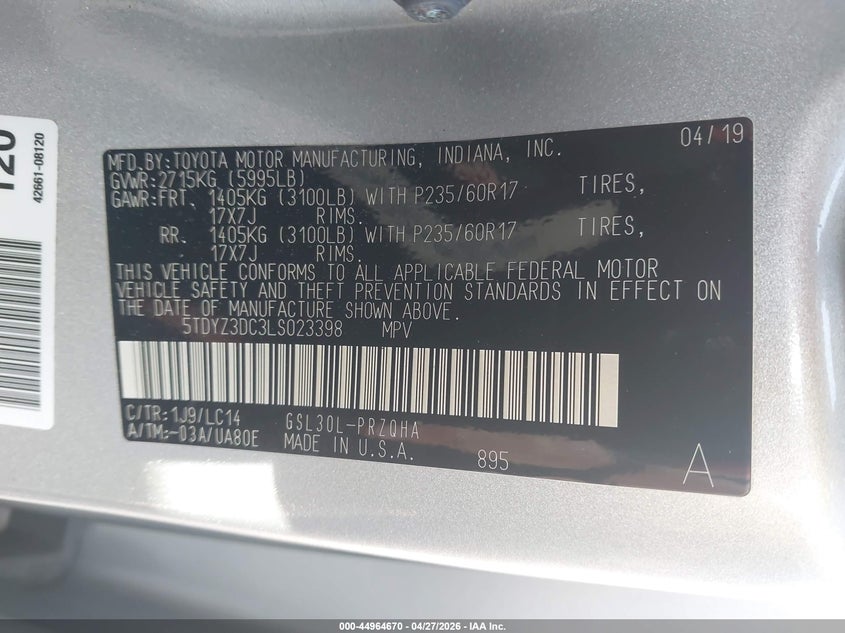 VIN 5TDYZ3DC3LS023398 2020 TOYOTA SIENNA XLE PREMIUM