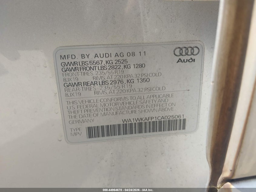 2012 Audi Q5 3.2 Premium VIN: WA1WKAFP1CA025061 Lot: 44964678