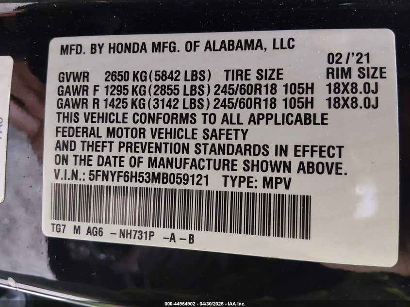 2021 Honda Pilot 3.5 Awd Ex-L black Lot 111044964902 Vin 5FNYF6H53MB059121
