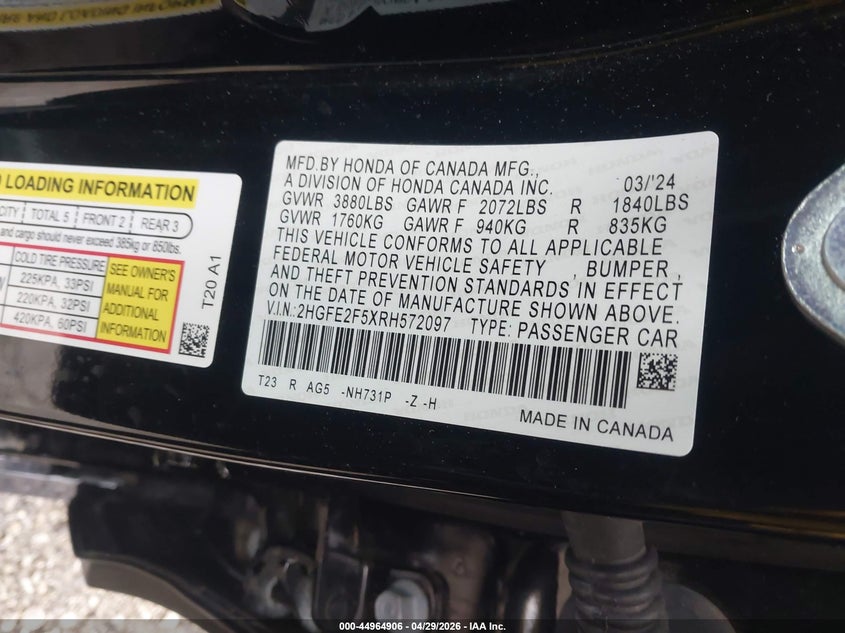 VIN 2HGFE2F5XRH572097 2024 HONDA CIVIC SPORT