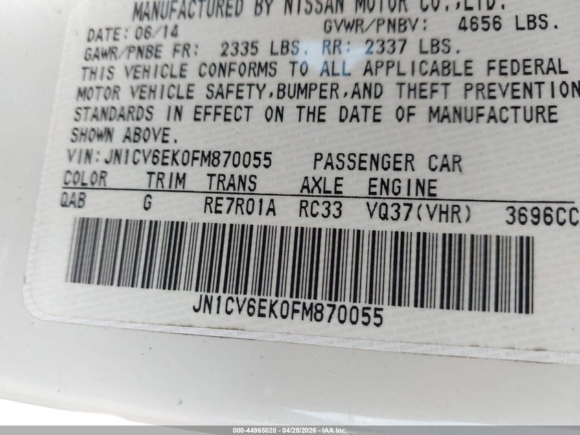 2015 Infiniti Q60 S Limited VIN: JN1CV6EK0FM870055 Lot: 44965028