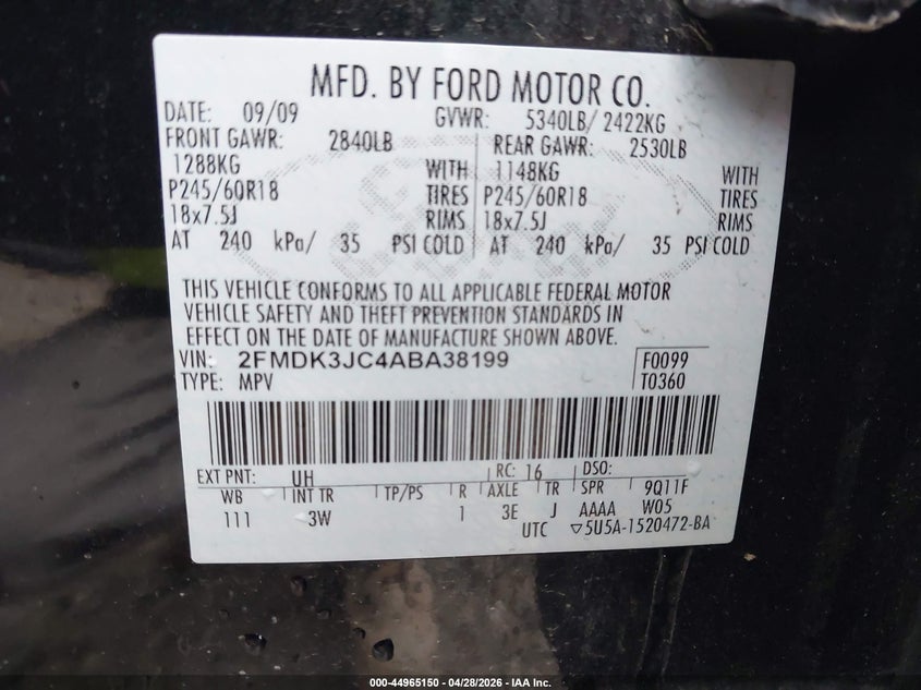 2010 Ford Edge 3.5 Sel black Lot 111044965150 Vin 2FMDK3JC4ABA38199