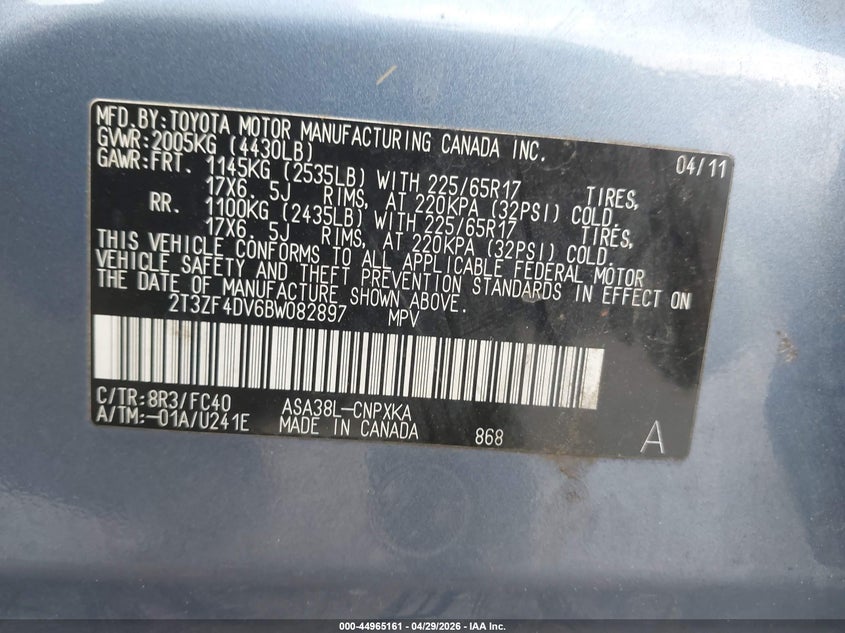 2011 TOYOTA RAV 4 SPORT UTILITY VEHICLE 2.5L I-4 DOHC, VVT, 179HP