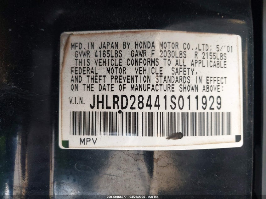 2001 HONDA CR-V SPORT UTILITY VEHICLE 2.0L I-4 DOHC, 146HP