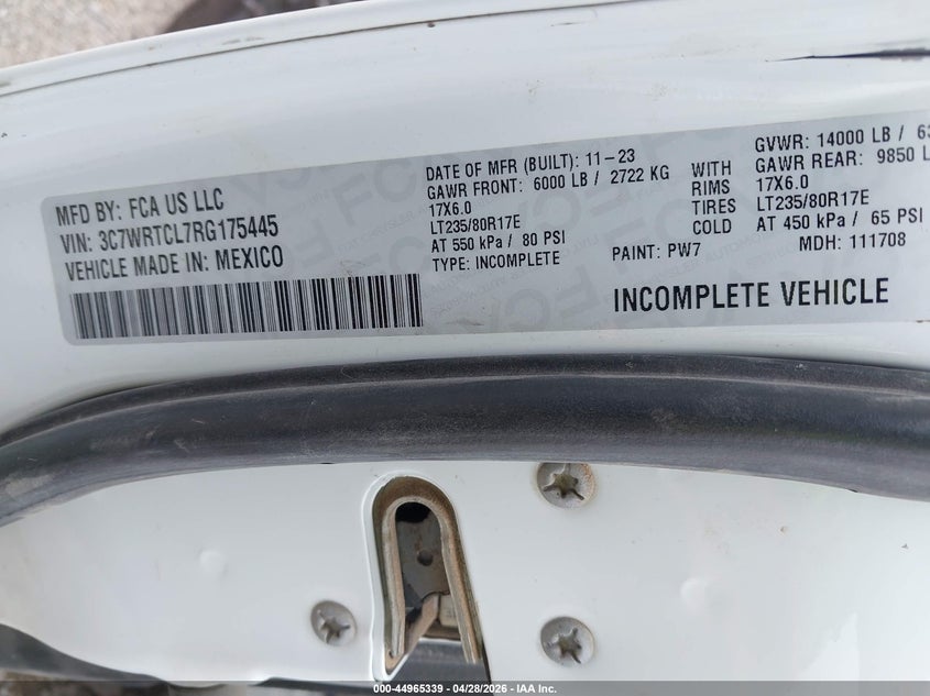 2024 Ram 3500 Ram Chassis Tradesman/Slt/Laramie/Limited white Lot 111044965339 Vin 3C7WRTCL7RG175445
