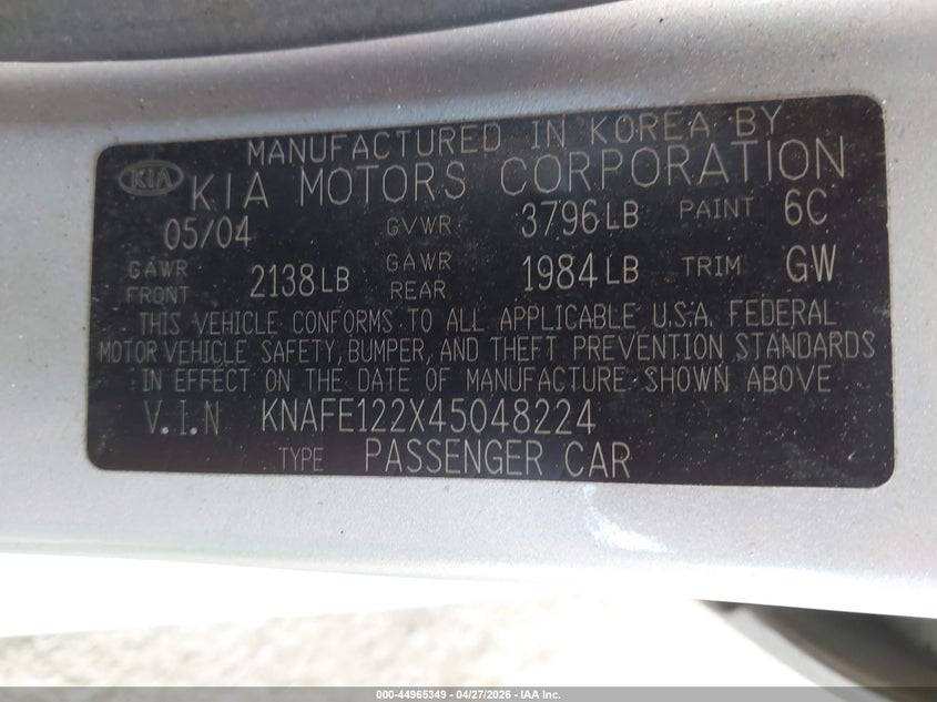 2004 Kia Spectra Ex/Lx VIN: KNAFE122X45048224 Lot: 44965349