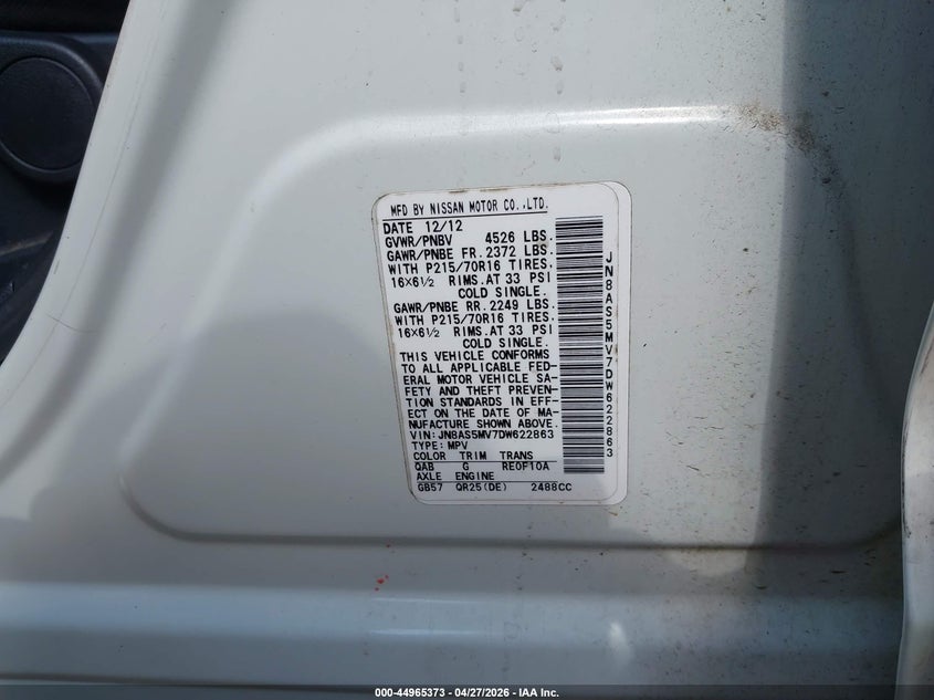 NISSAN ROGUE 2013 VIN JN8AS5MV7DW622863