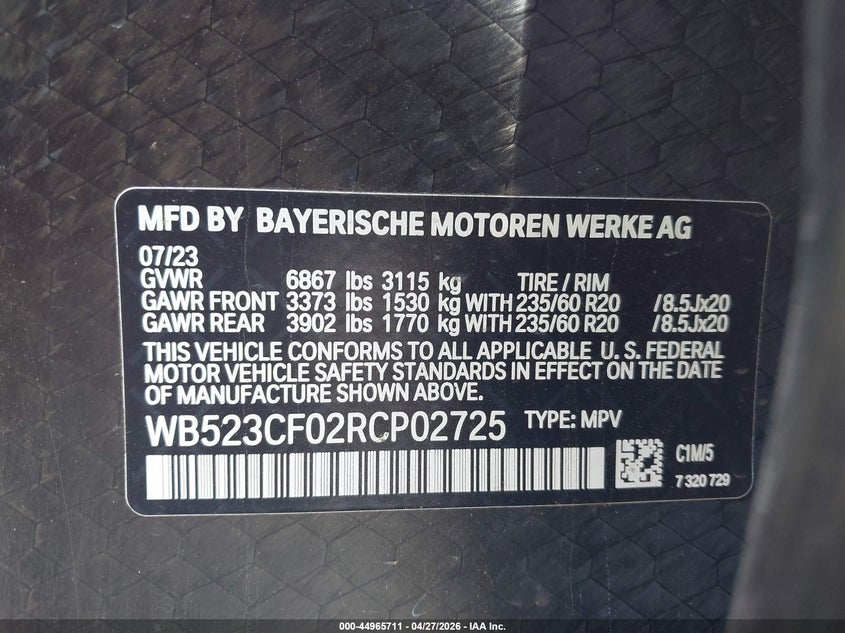 2024 BMW Ix xDrive50 VIN: WB523CF02RCP02725 Lot: 44965711