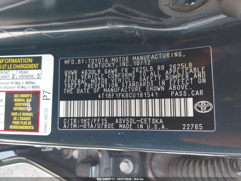 2012 Toyota Camry 2.5 Se black Lot 111044965717 Vin 4T1BF1FK6CU181541