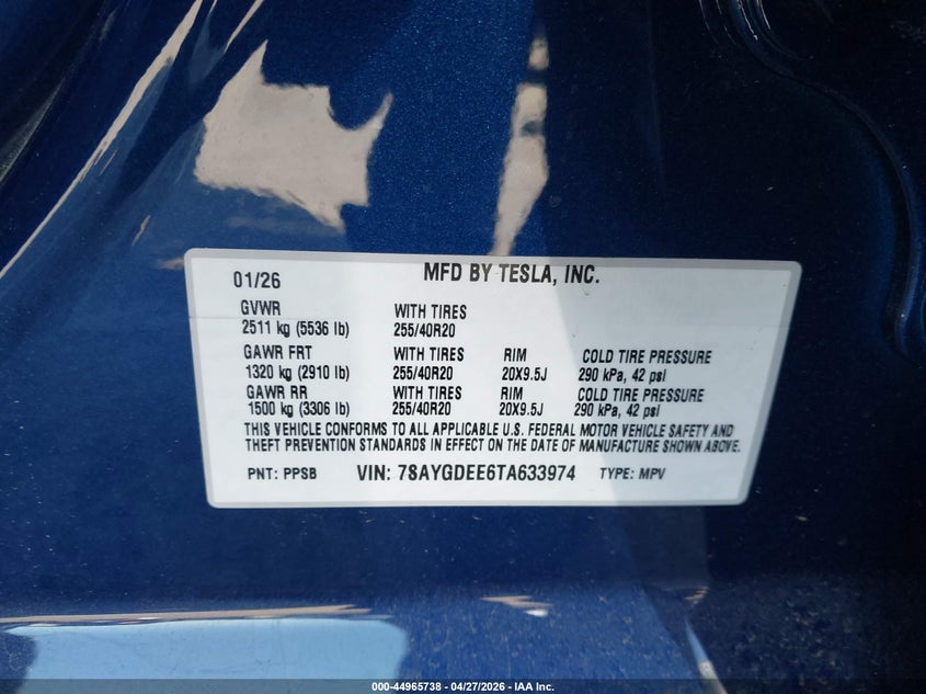 2026 TESLA MODEL Y(VIN: 7SAYGDEE6TA633974