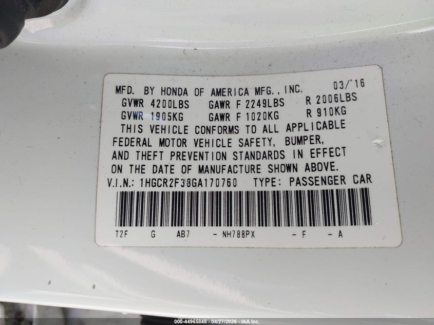 2016 Honda Accord Lx VIN: 1HGCR2F38GA170760 Lot: 44965848