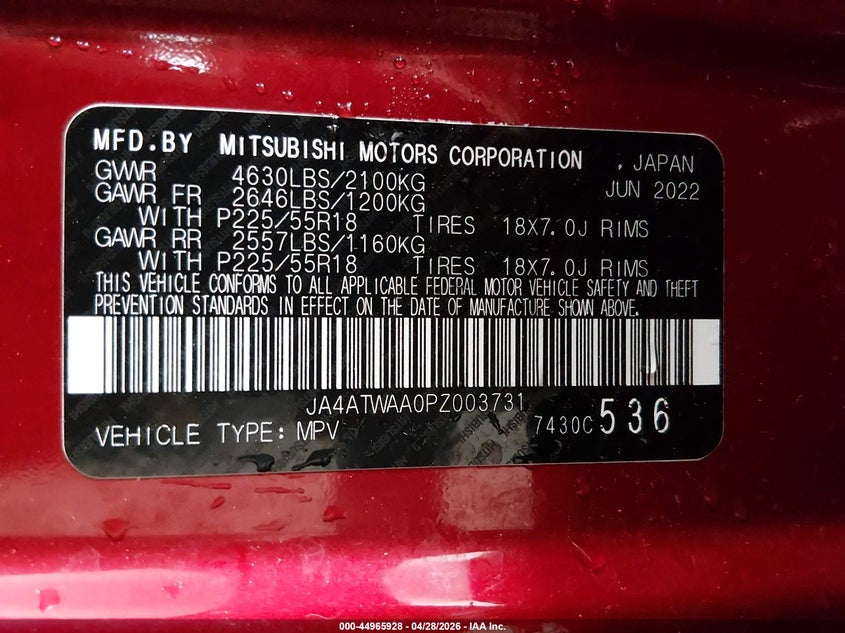 2023 Mitsubishi Eclipse Cross Se S-Awc/Sel S-Awc VIN: JA4ATWAA0PZ003731 Lot: 44965928
