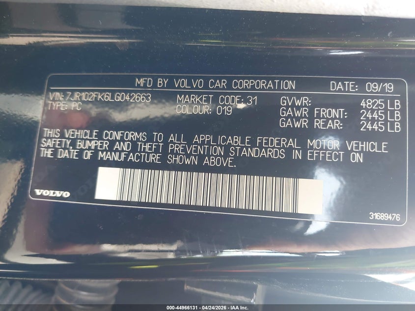 2020 Volvo S60 T5 Momentum VIN: 7JR102FK6LG042663 Lot: 44966131