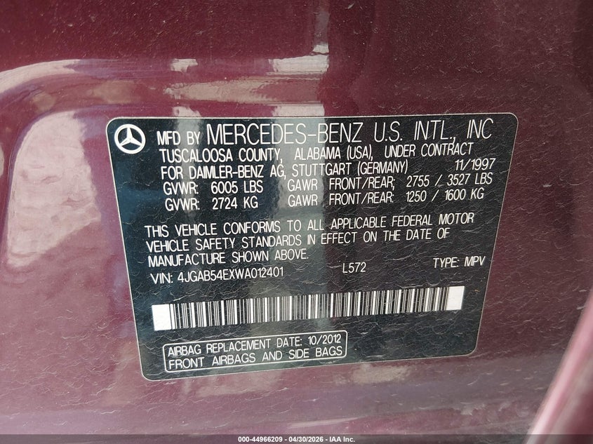 1998 Mercedes-Benz Ml 320 Classic VIN: 4JGAB54EXWA012401 Lot: 44966209