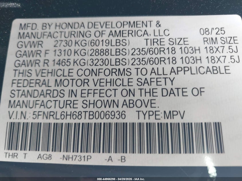 2026 HONDA ODYSSEY VAN 3.5L V-6 DI, VVT, 280HP