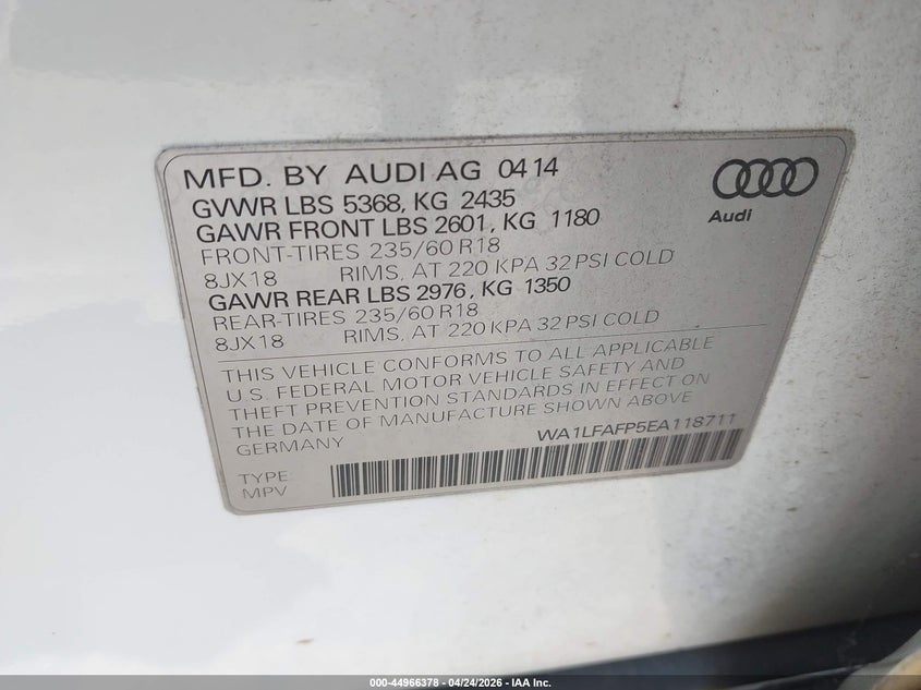2014 Audi Q5 2.0T Premium VIN: WA1LFAFP5EA118711 Lot: 44966378