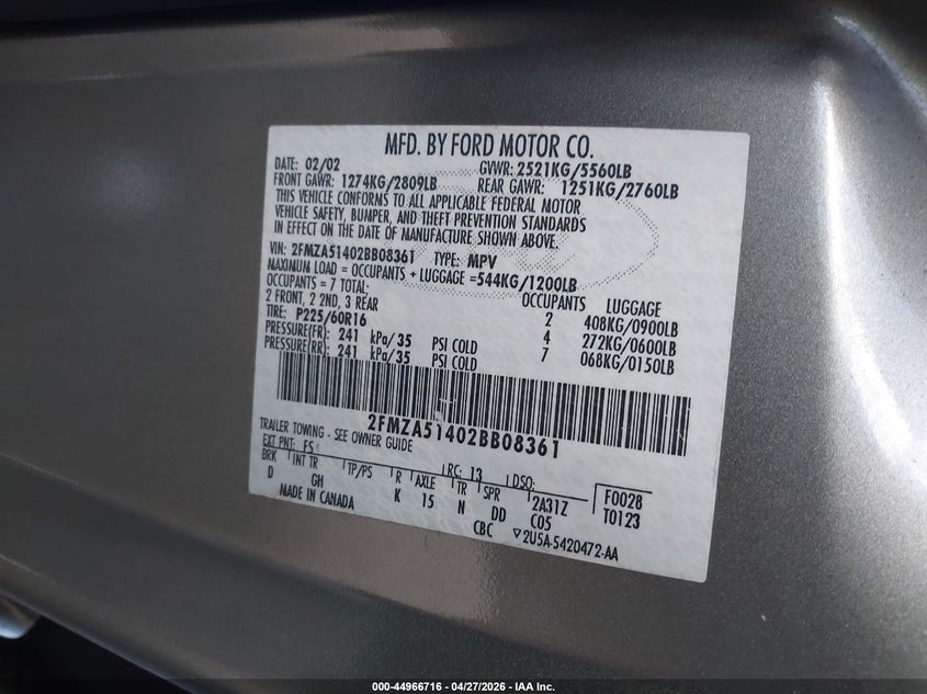2002 Ford Windstar Lx VIN: 2FMZA51402BB08361 Lot: 44966716