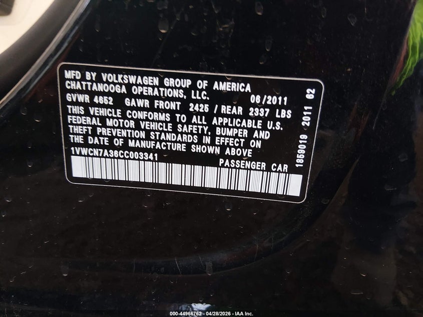 2012 Volkswagen Passat 2.0 2.0L Tdi Sel Premium black Lot 111044966762 Vin 1VWCN7A36CC003341