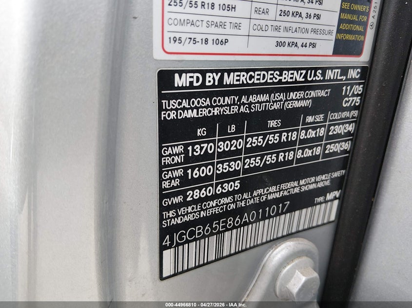 2006 Mercedes-Benz R 350 4Matic VIN: 4JGCB65E86A011017 Lot: 44966810