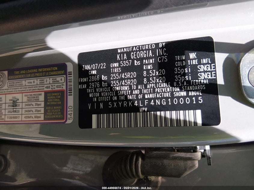 2022 KIA SORENTO 2.5L I-4 DI, DOHC, V(VIN: 5XYRK4LF4NG100015