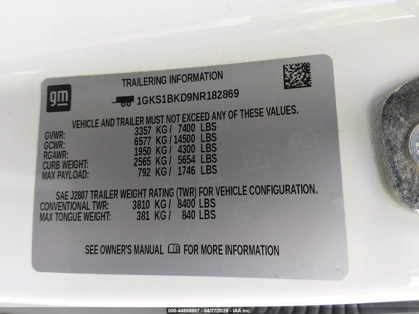 2022 GMC Yukon 2Wd Slt VIN: 1GKS1BKD9NR182869 Lot: 44966907