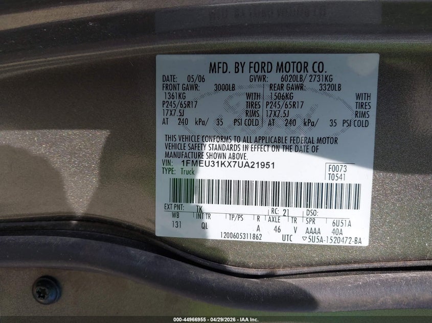 2007 Ford Explorer Sport Trac Xlt VIN: 1FMEU31KX7UA21951 Lot: 44966955