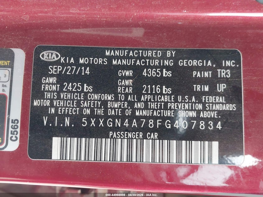 2015 KIA OPTIMA SEDAN 2.4L I-4 DI, DOHC, VVT, 192HP