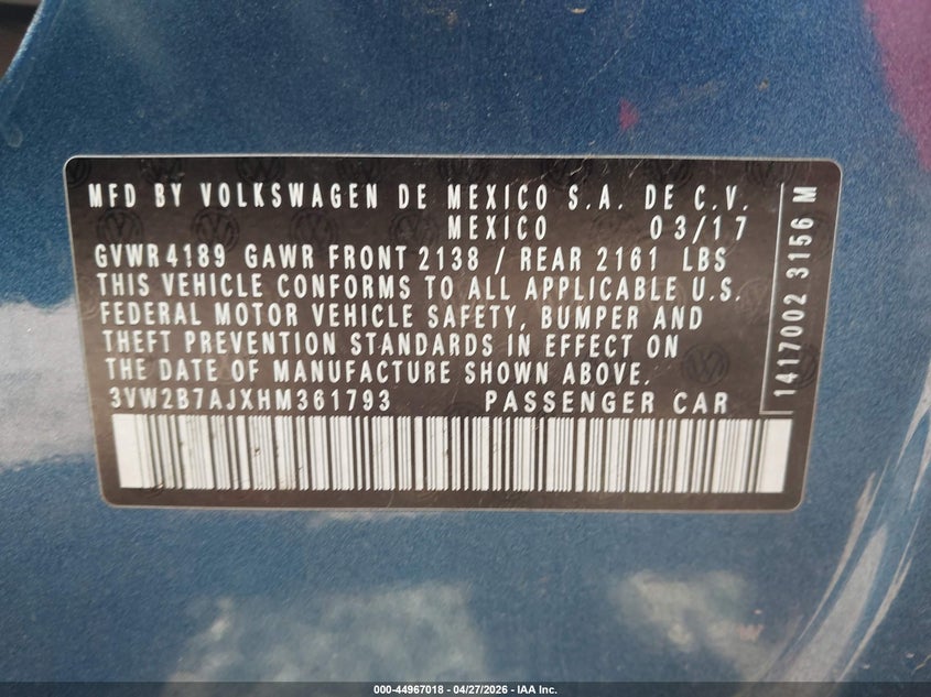2017 VOLKSWAGEN JETTA SEDAN 1.4L I-4 DI, DOHC, VVT, TURBO, 150HP