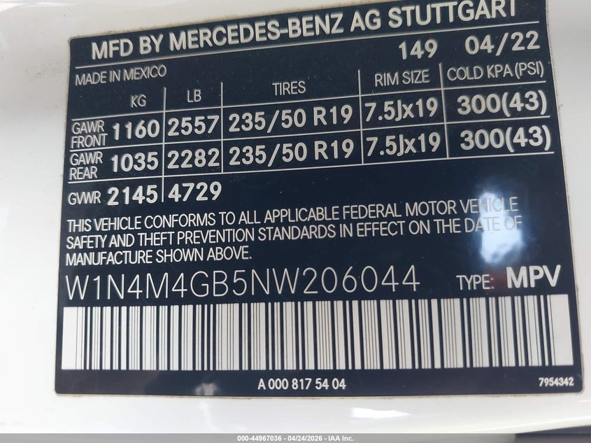 2022 Mercedes-Benz Glb 250 VIN: W1N4M4GB5NW206044 Lot: 44967036