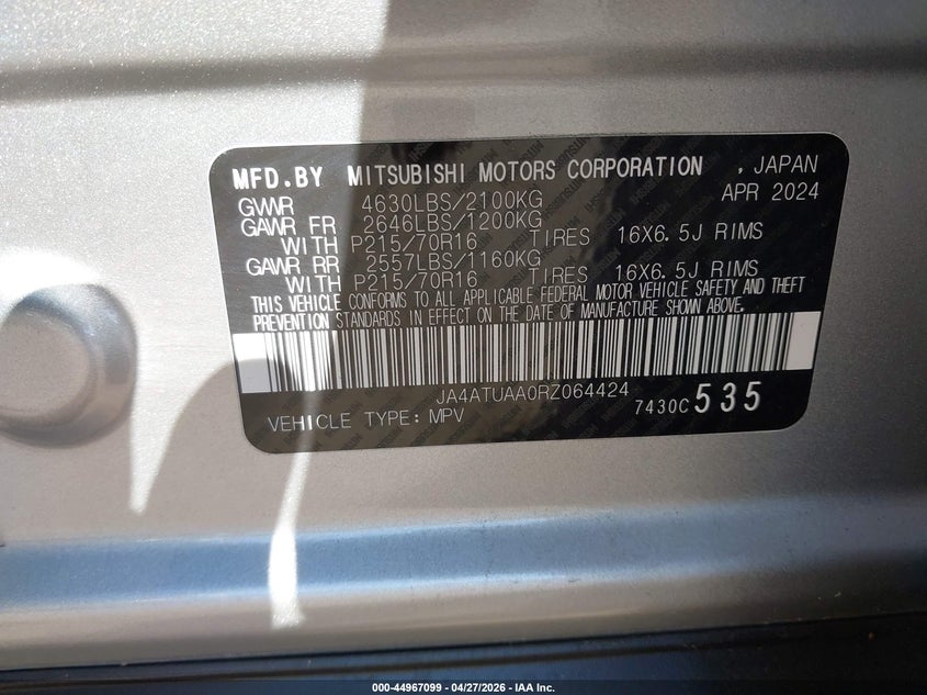 2024 Mitsubishi Eclipse Cross Es S-Awc VIN: JA4ATUAA0RZ064424 Lot: 44967099