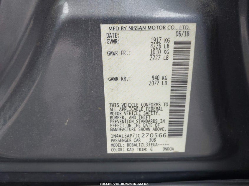 VIN 1N4AL3AP7JC270566 2018 NISSAN ALTIMA 2.5 SV