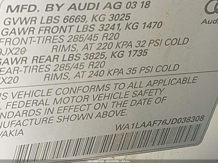 2018 Audi Q7 3.0T Premium VIN: WA1LAAF76JD038308 Lot: 44967440