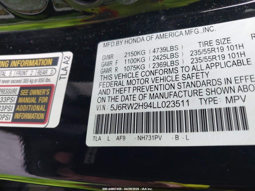 VIN 5J6RW2H94LL023511 2020 HONDA CR-V AWD TOURING