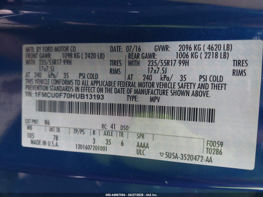 VIN 1FMCU0F70HUB13193 2017 FORD ESCAPE S